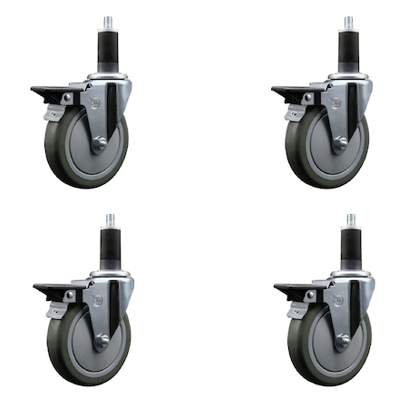 Service Caster 5'' Gray Poly Swivel 1-1/4'' Expanding Stem Caster Set with Brake, 4PK SCC-EX20S514-PPUB-PLB-114-4